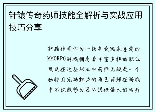 轩辕传奇药师技能全解析与实战应用技巧分享