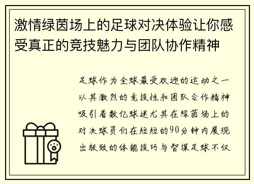 激情绿茵场上的足球对决体验让你感受真正的竞技魅力与团队协作精神